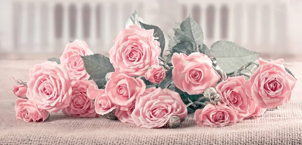 Julkort Med Rosa Blommor Säckväv — Stockfoto