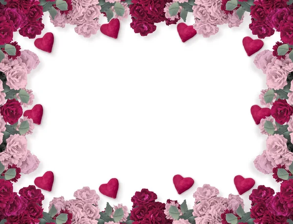 Floral Frame Rose Flowers Two Hearts Valentines Day Isolated White — Stock Photo, Image