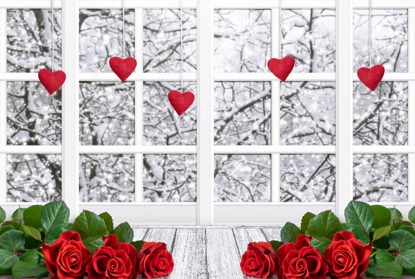 Home Interior Decor Window Honor Valentines Day Hearts Red Roses — Stock Photo, Image