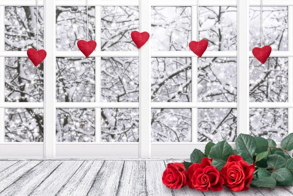 Wohnkultur Mit Fenster Ehren Des Valentinstages Mit Herzen Und Roten — Stockfoto
