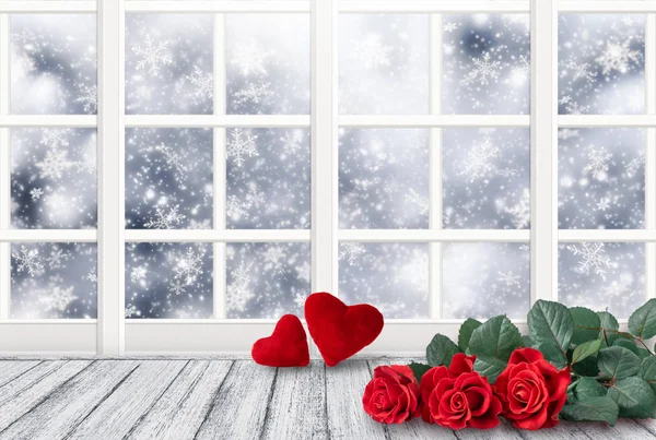 Casa Decoração Interiores Com Janela Corações Vermelhos Flores Rosas Mesa — Fotografia de Stock