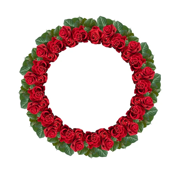 Rote Rosen Blumen Runder Kranz Isoliert Auf Weißem Hintergrund — Stockfoto