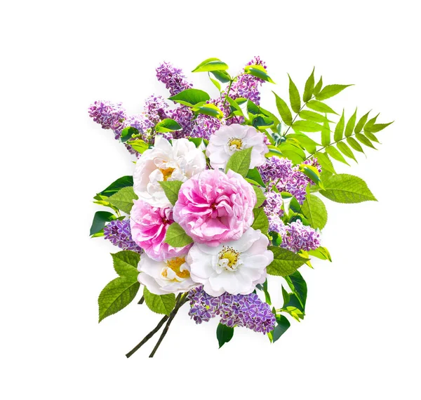 Prachtige bloemen boeket bestaat uit seringen bloemen en rozen — Stockfoto
