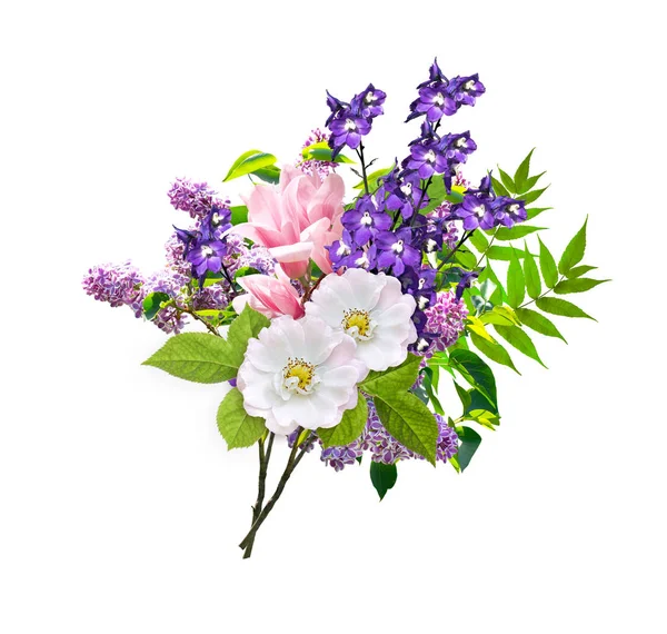Schöne Blumenstrauß Besteht Aus Fliederblumen Rosen Dornen Hundsrosen Blauglocken Und — Stockfoto