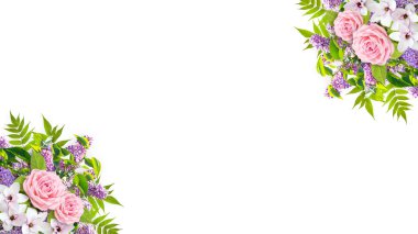 Güzel çiçek köşe süsleyelak çiçekler, gül ve manolya beyaz arka plan üzerinde izole oluşur. Fotoğraf veya metin için alan kopyalama.