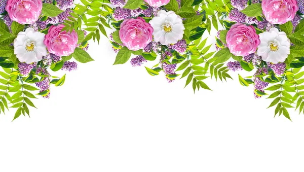 Schöne florale Girlande besteht aus Fliederblüten, Hundsrosen (briar) und grünen Blättern isoliert auf weißem Hintergrund — Stockfoto