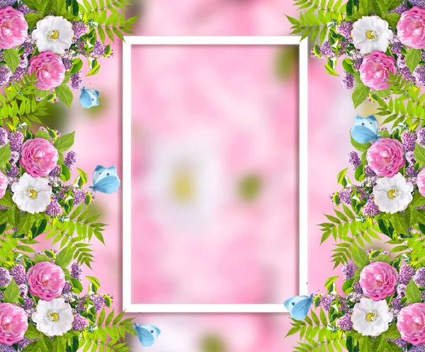 Beautiful floral garland consists of lilacs flowers, dog rose (briar), green leaves, blue butterflies and frame on blurred pink background — Stock Photo, Image