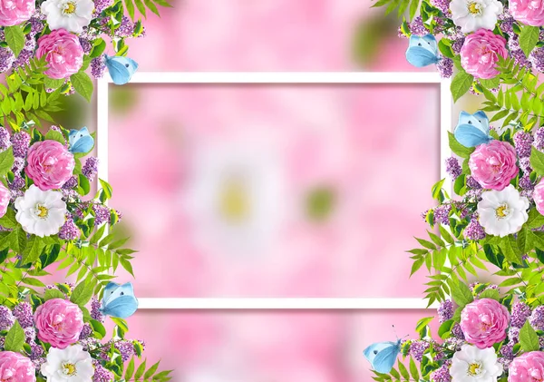 Beautiful floral garland consists of lilacs flowers, dog rose (briar), green leaves, blue butterflies and frame on blurred pink background — Stock Photo, Image