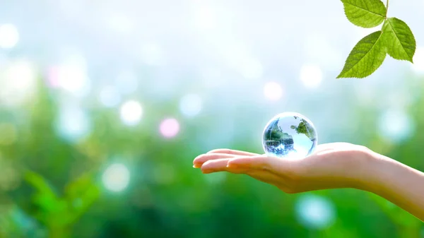 地球水晶蓝色玻璃球在人类手中和绿叶在b — 图库照片