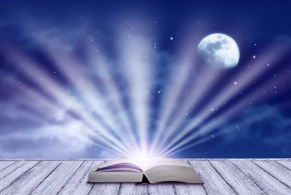 Background Night Sky Mysterious Clouds Moon Stars Open Fairytale Book — Stock Photo, Image