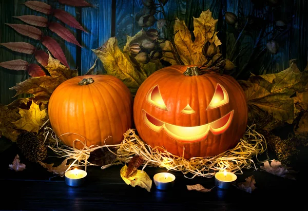 Осенний Хэллоуин натюрморт с двумя злобными улыбающимися тыквами — стоковое фото