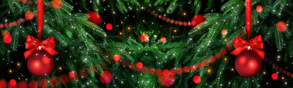 Christmas background with fir tree, two balls, glowing garland and snowfall — Stock Photo, Image