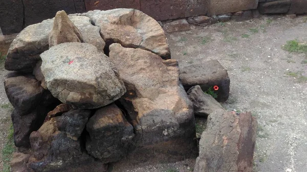 Ermenistan Kafkas Dağları, tapınak Zvartnots kırmızı poppy ile yıkıntıları