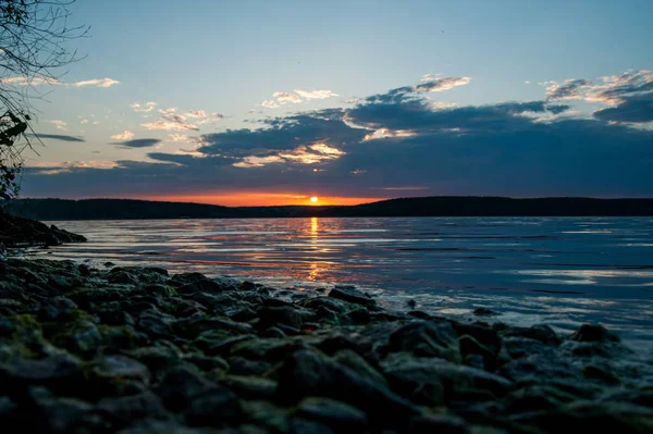 Puesta Sol Roja Lago — Foto de Stock