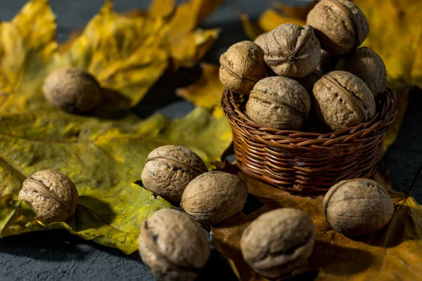 Herfstbladeren Walnoten Een Donkere Achtergrond — Stockfoto