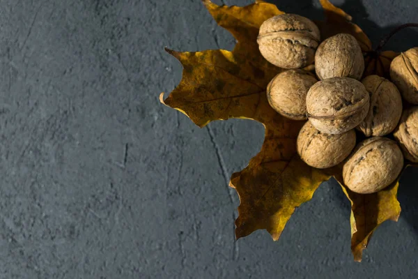 Herfstbladeren Walnoten Een Donkere Achtergrond — Stockfoto