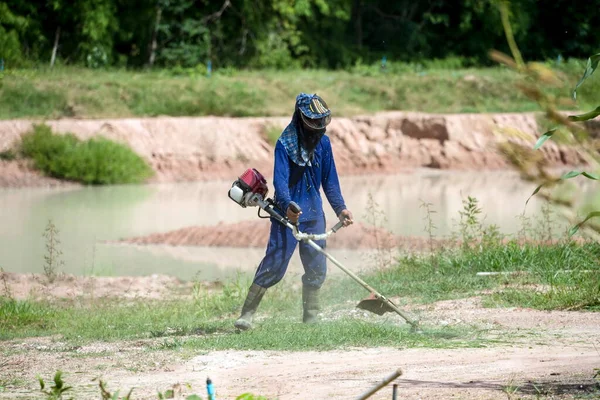 Trabalhadores Estavam Cortando Grama Campo — Fotografia de Stock