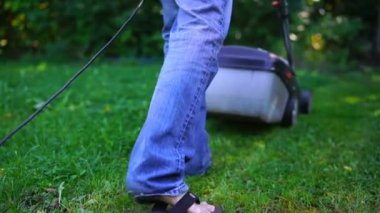 Çim biçme. Adam kesme çim biçme makinesi kullanarak bahçesinde