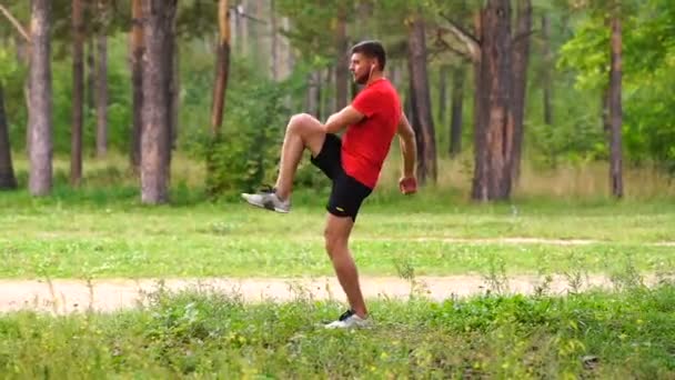 Man Runner Training Male Athlete Stretching Muscles Park Healthy Fitness — Stock Video