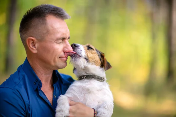 Küçük köpek insan yüzü yalıyor. Parkta oynayan onun köpek olan adam. Onun hayvan sahibi hugs.