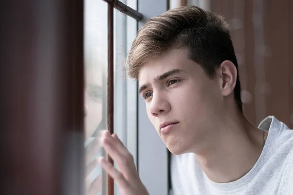 Portrait Handsome Young Man Looking Out Window Sorrow Teenager Years — Stock Photo, Image