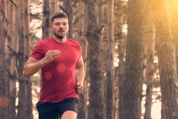 Running man. Male runner jogging at the park. Guy training outdoors. Exercising on forest path. Healthy, fitness, wellness lifestyle. Sport, cardio, workout concept