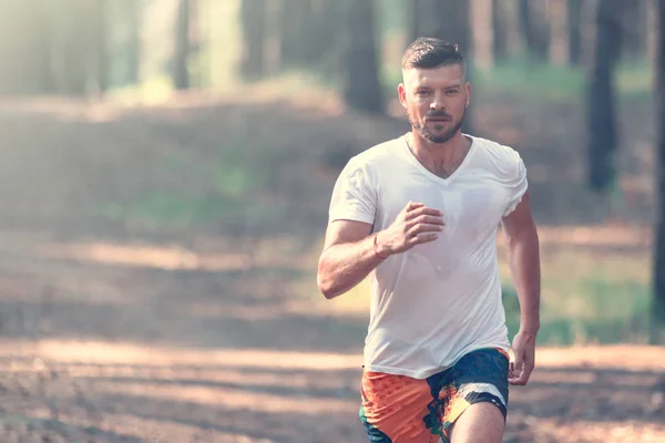 Running man. Male runner jogging at the park. Guy training outdoors. Exercising on forest path. Healthy, fitness, wellness lifestyle. Sport, cardio, workout concept