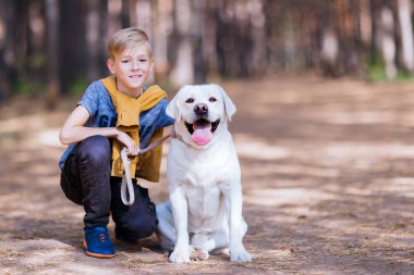 Çocuk bir köpek sarılma. Parkta bir golden retriever ile yürüme çocuk