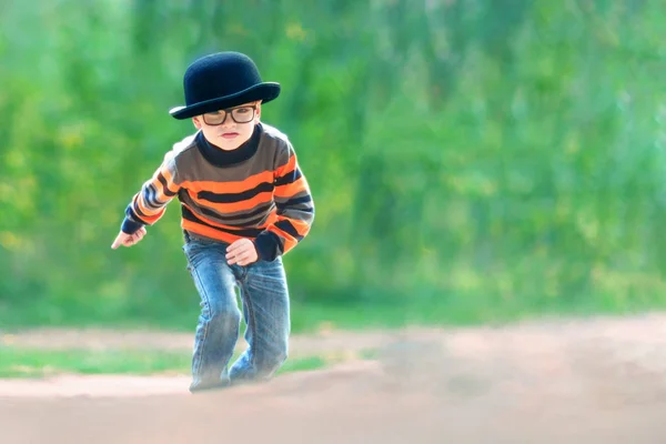 Little Boy Wearing Hat Glasses Running Park — Stock Photo, Image