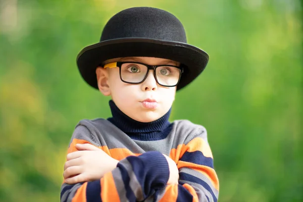 Pouting Offended Liittle Boy Wearing Hat Glasses Outdoors — Stock Photo, Image