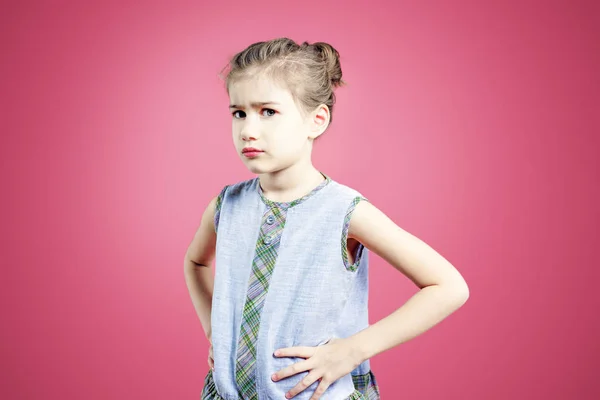 Pouting Angry Offended Child Girl Pink Background — Stock Photo, Image