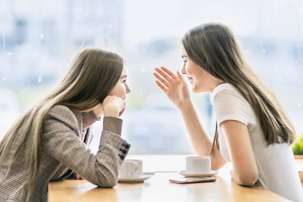 Two Girls Cheerfully Talking Drinking Coffee Window Cafe — Stock Photo, Image