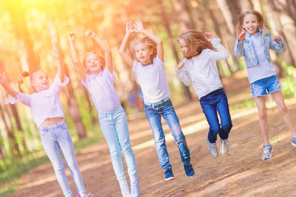 A group of girls having fun in the park. On the background of trees