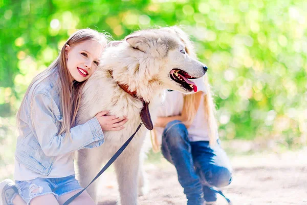 Две Маленькие Девочки Собакой Парке Большая Собака — стоковое фото