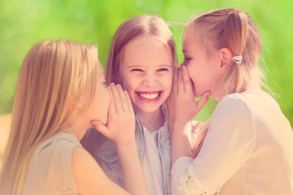 Drie Vrolijke Jonge Meisjes Fluisteren Voor Een Wandeling Het Park — Stockfoto