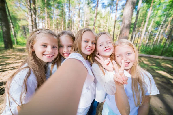 人の女の子の子供のグループは 夏の森の木の背景に Selfie を作る 明るく晴れた日 ガール フレンド — ストック写真