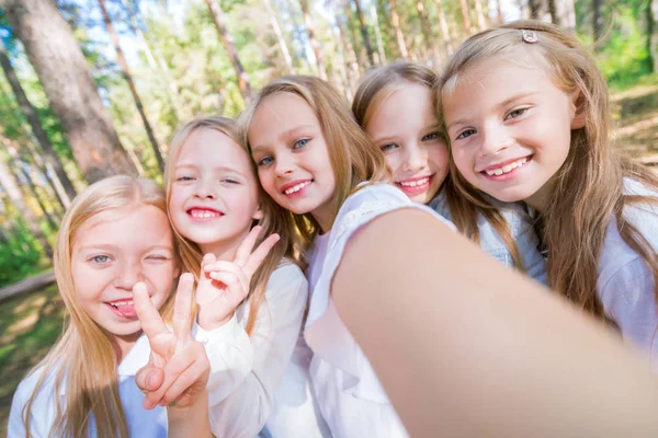 Gruppo Cinque Bambine Selfie Sullo Sfondo Alberi Nella Foresta Estiva — Foto Stock