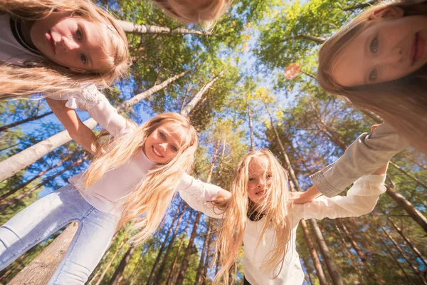 自分を抱き締める女の子のグループ形成を見下ろして かがんで円です 夏の森の中を歩きます 明るく晴れた日 — ストック写真