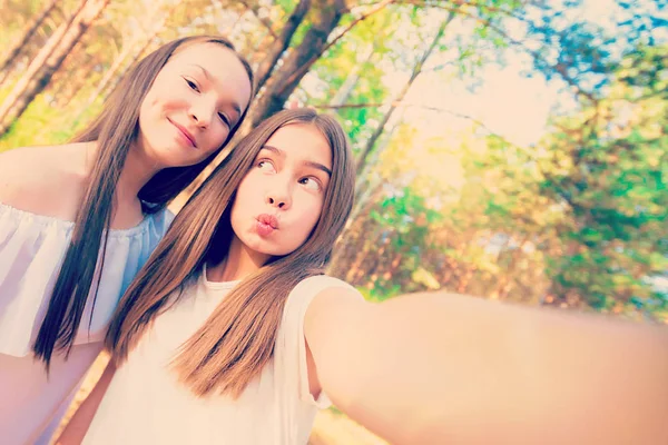 Belle Ragazze Fanno Selfie Nella Foresta Estate Giornata Sole Umore — Foto Stock