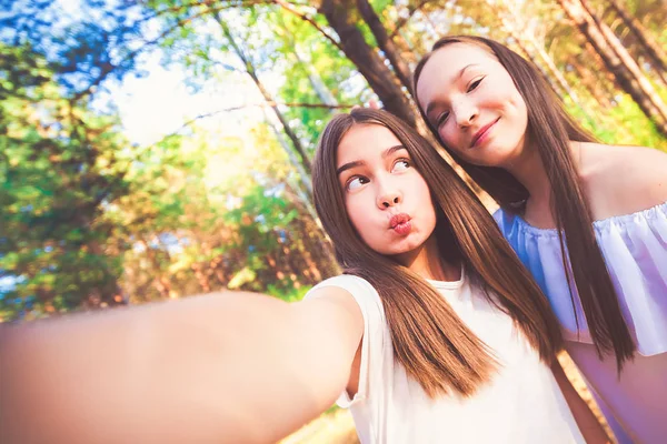 Belle Amiche Fanno Selfie Nella Foresta Estiva Primo Piano — Foto Stock