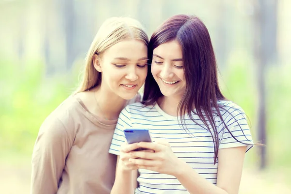 Two girls look into the phone for a walk in the summer forest. Close-up