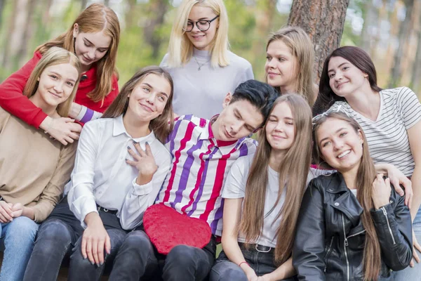 Szomorú fickó körül nyolc lány a nyári erdőben. Közeli — Stock Fotó