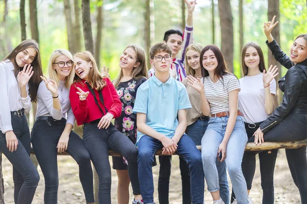 Dix adolescents de 15 à 19 ans sont assis sur une poutre — Photo