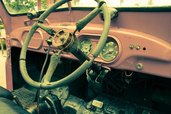 Volante Painel Interior Velho Automóvel Retro Processado Por Filtro Efeito — Fotografia de Stock