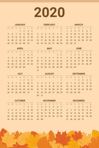 Calendario 2020 Con Tema Otoño Vector — Archivo Imágenes Vectoriales