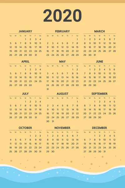 Calendario 2020 Con Tema Playa Vector — Archivo Imágenes Vectoriales