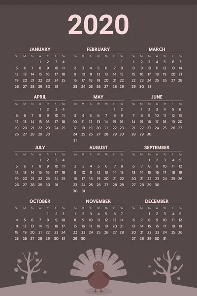 Calendario 2020 Con Tema Acción Gracias Vector — Archivo Imágenes Vectoriales