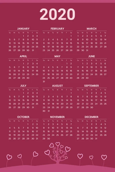 Calendario 2020 Con Tema San Valentino Vettore — Vettoriale Stock