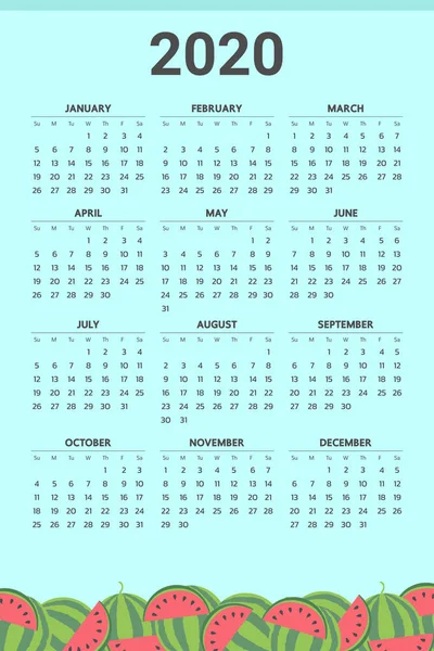 Calendario 2020 Con Tema Sandía Vector — Archivo Imágenes Vectoriales