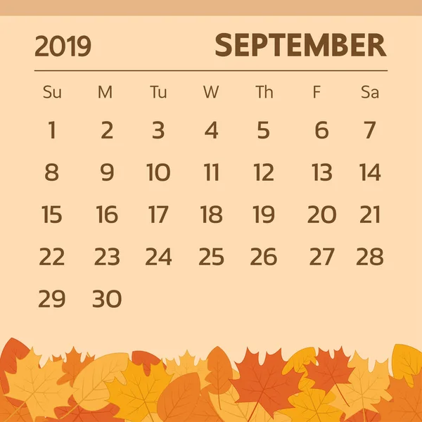 Calendario Settembre 2019 Con Tema Autunno Vettore — Vettoriale Stock